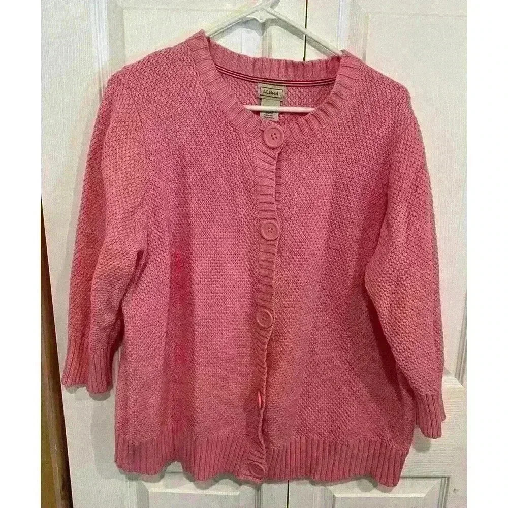 LL Bean Textured Knit Sweater Sx XL Buttons 100% Cotton Pink 3/4 Sleeves